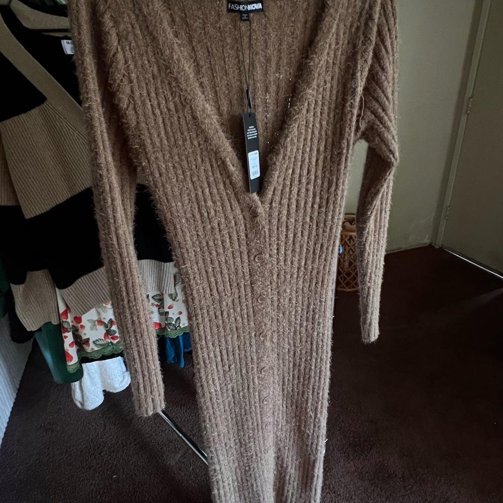 Fashion Nova Brown Tan Ribbed Long Sleeve V Neck Sweater Dress